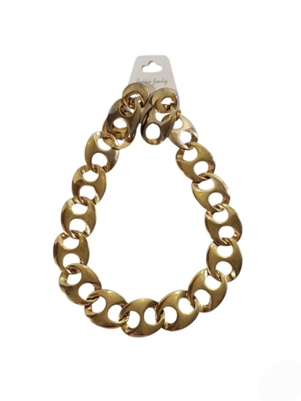Gold Tone Oval Link Chunky Statement Necklace & Pierced Earrings Set New
